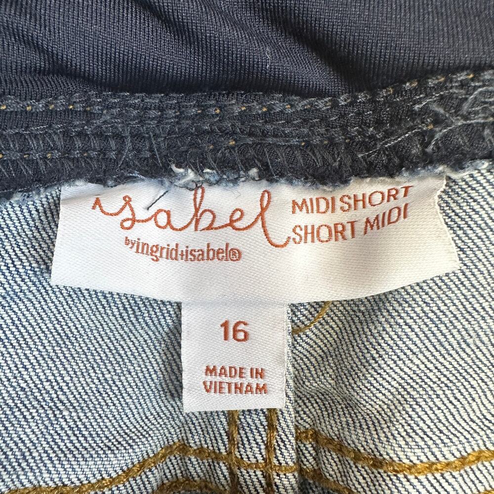 Isabel Maternity Midi Jean Short SZ 16 Medium Wash Denim Crossover Panel Stretch - Picture 2 of 11